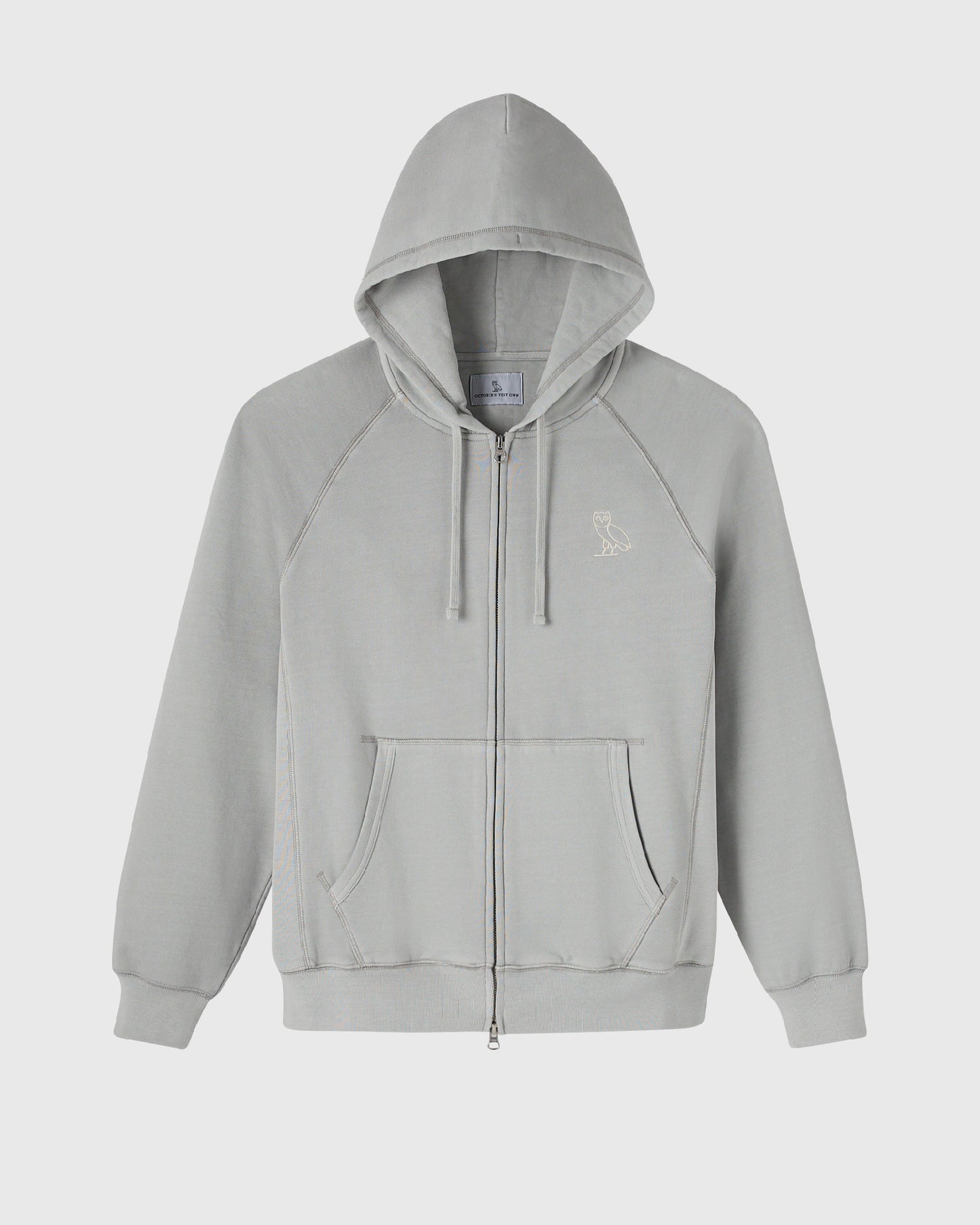Gray raglan full-zip hoodie with kangaroo pocket and drawstring hood.