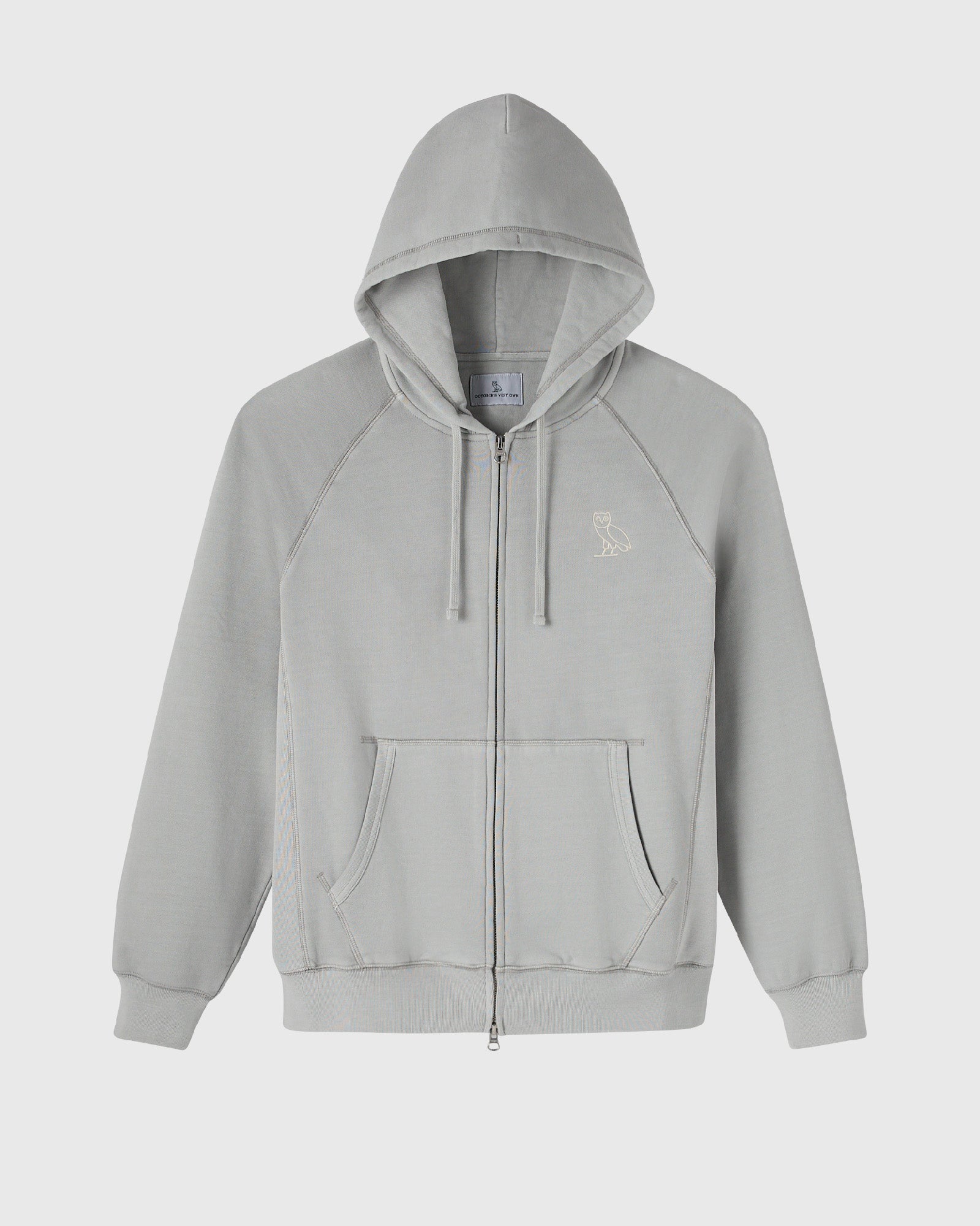 Gray raglan full-zip hoodie with kangaroo pocket and drawstring hood.