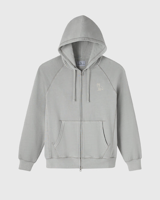 Gray raglan full-zip hoodie with kangaroo pocket and drawstring hood.