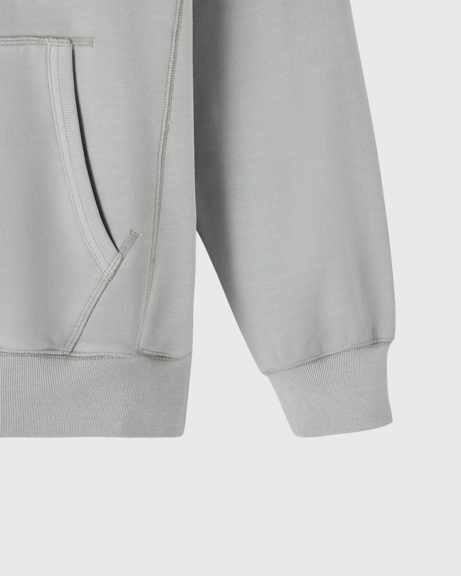 Gray raglan hoodie with full-zip front, ribbed cuffs and hem, shown from side detail view.