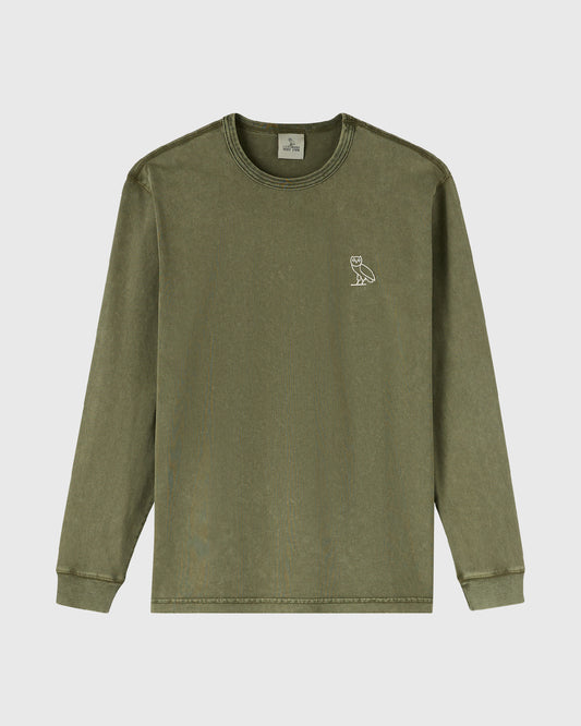 Cypress-colored long-sleeve tee with small owl emblem on chest.