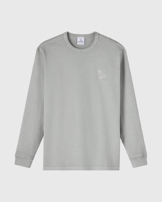 Gray long-sleeve crewneck tee with small owl embroidery on chest.