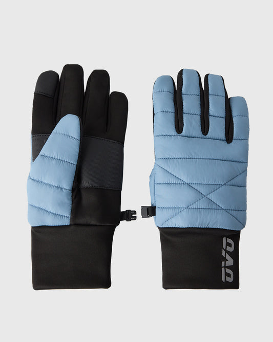 Pair of quilted gloves with light blue padded sections on back and fingers, black palm and wrist areas, with adjustment strap