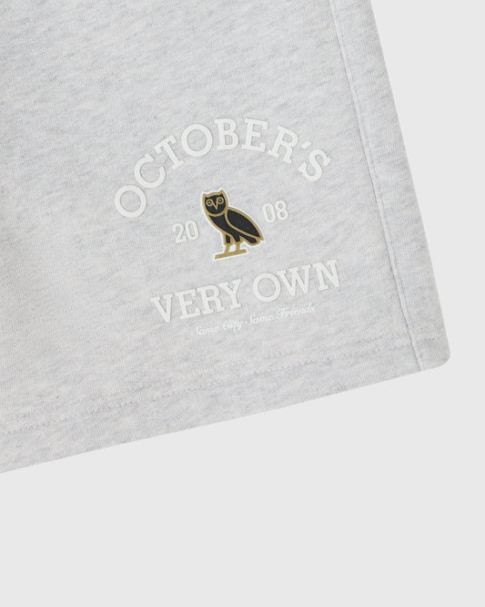 Ash heather grey shorts with embroidered owl logo and "October's Very Own" text on front.