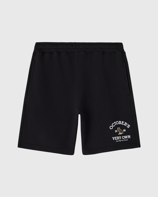 Black shorts with elastic waistband and "October's Very Own" graphic print on right leg.