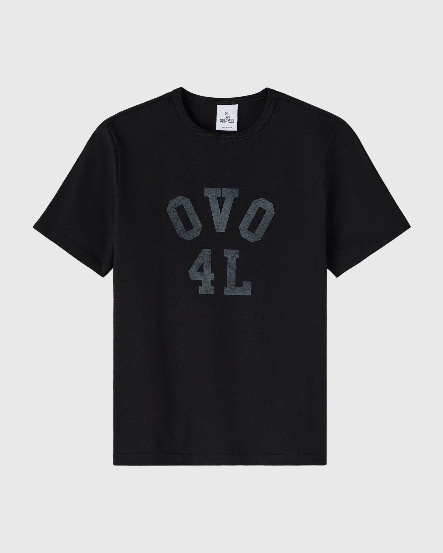 Black t-shirt with gray ladder stitch text reading "OVO 4L" on the chest.
