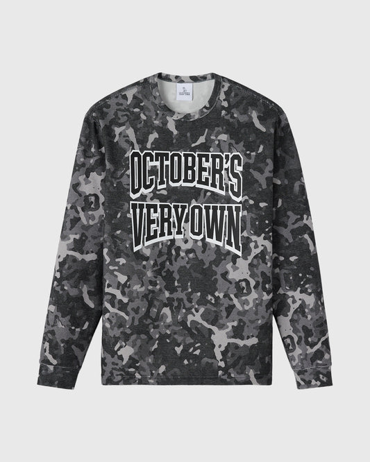 Grey camouflage long-sleeve tee with white "October's Very Own" text graphic on chest.