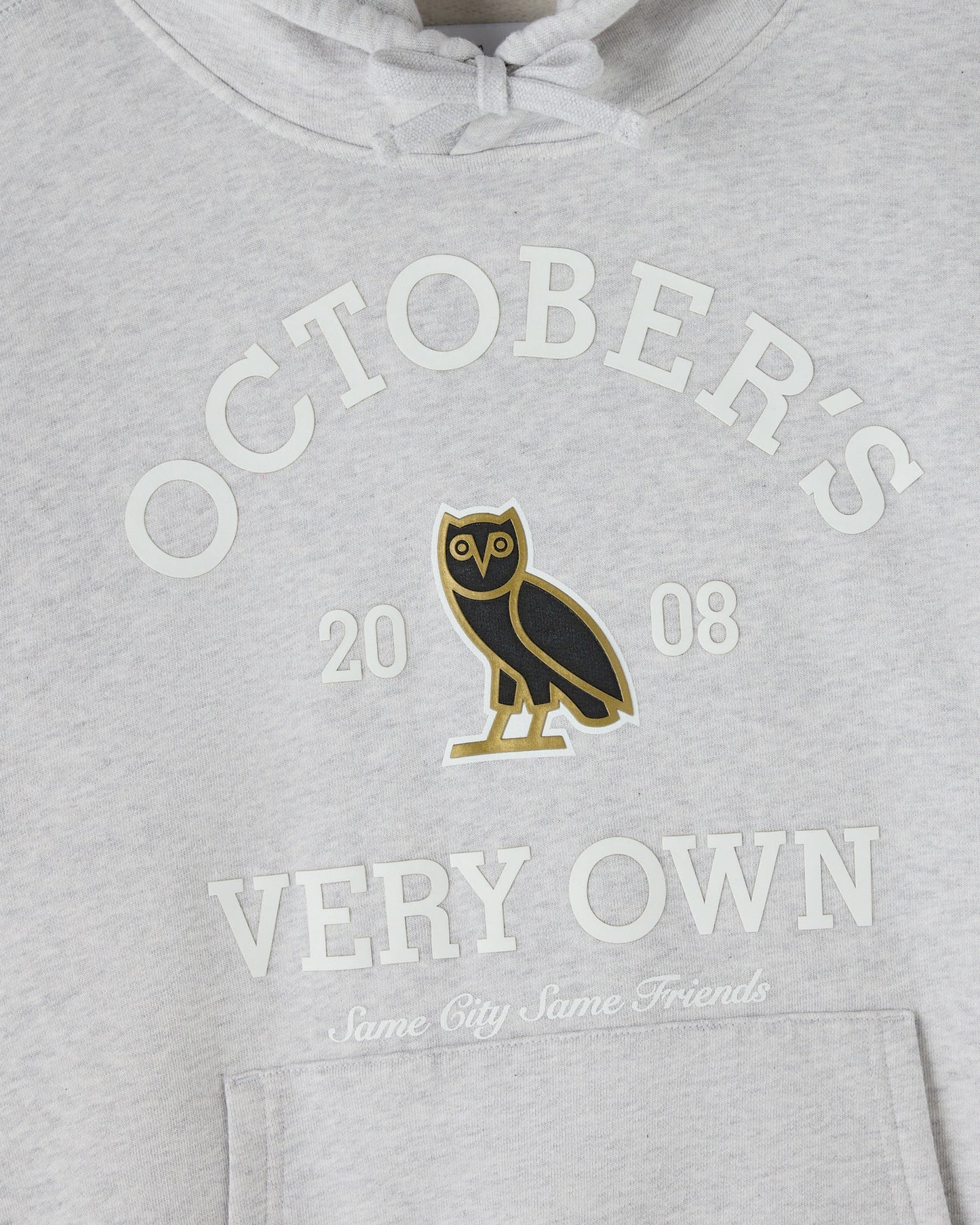 Ash heather grey hoodie with "Octobers Very Own" text and owl graphic on chest, drawstring hood visible.