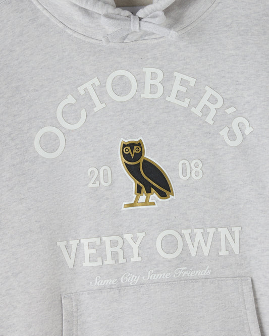 Ash heather grey hoodie with "Octobers Very Own" text and owl graphic on chest, drawstring hood visible.