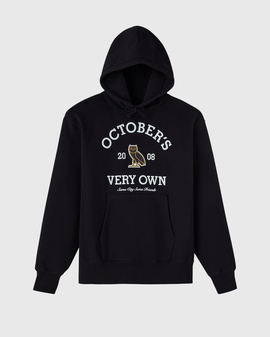Black hoodie with "October's Very Own" and owl graphic printed on chest, drawstring hood, and front pocket.