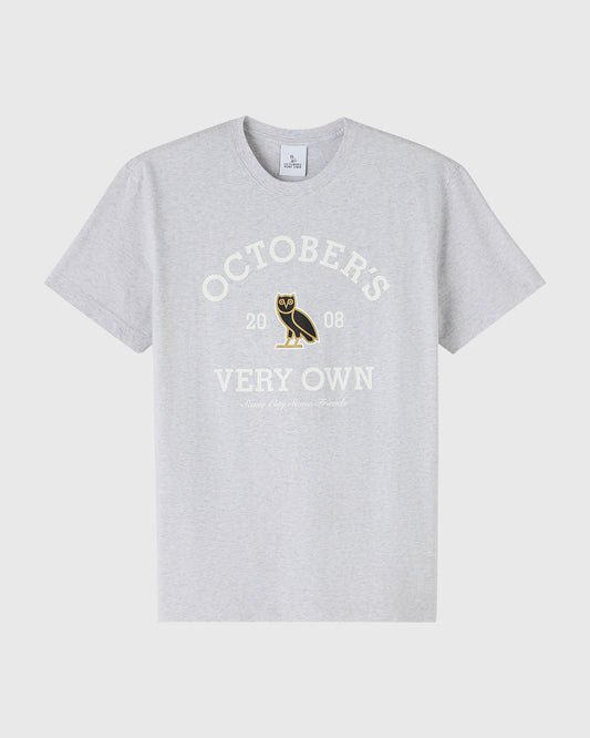 Ash heather grey crewneck tee with white "Octobers Very Own" text and owl graphic with "2008" date.