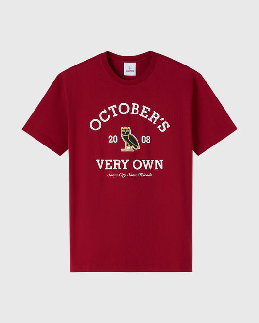 Deep red t-shirt with white "October's Very Own" text, owl graphic, and "2008" printed on chest.