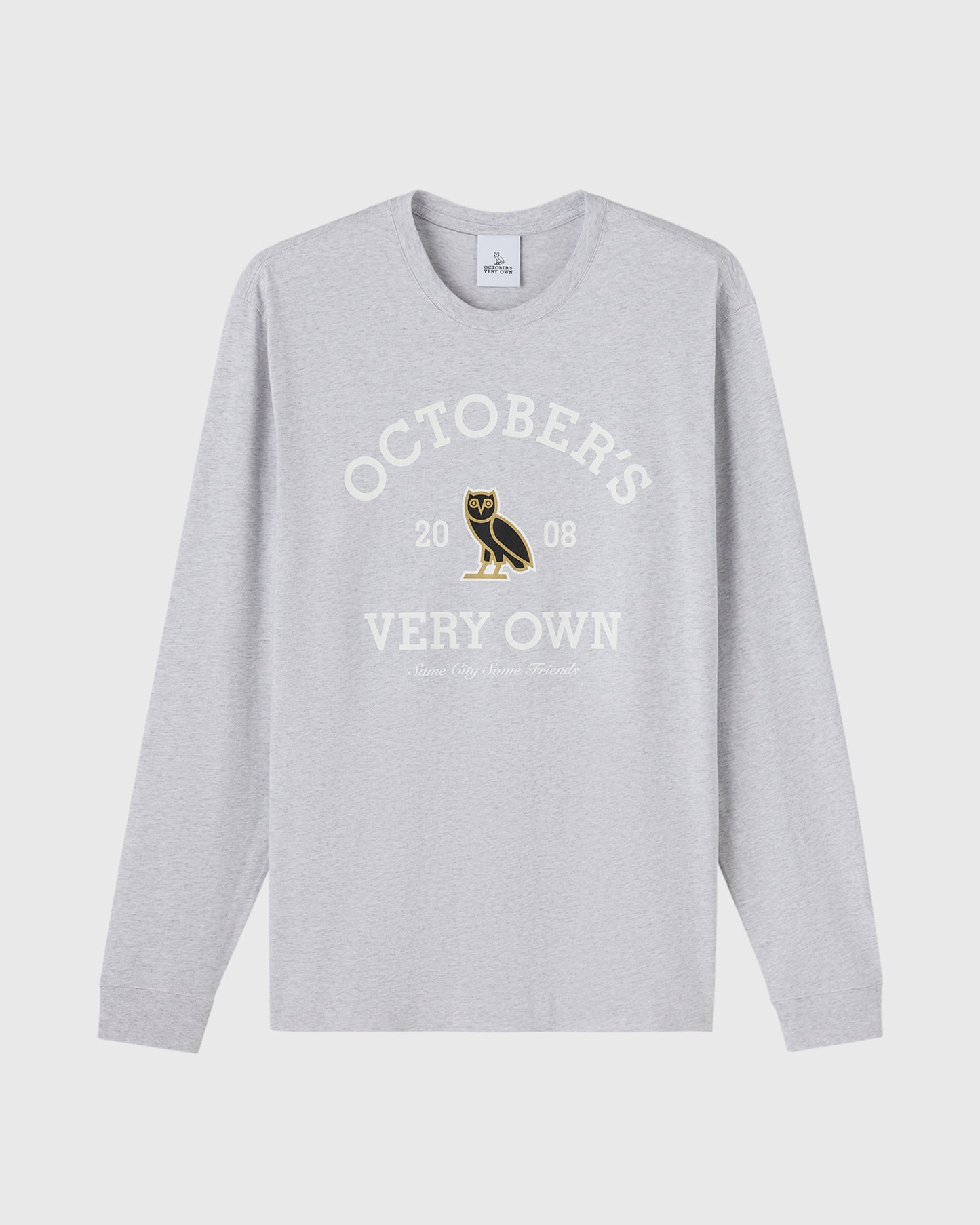 Ash heather grey long-sleeve tee with "Octobers Very Own" text and owl graphic on chest.