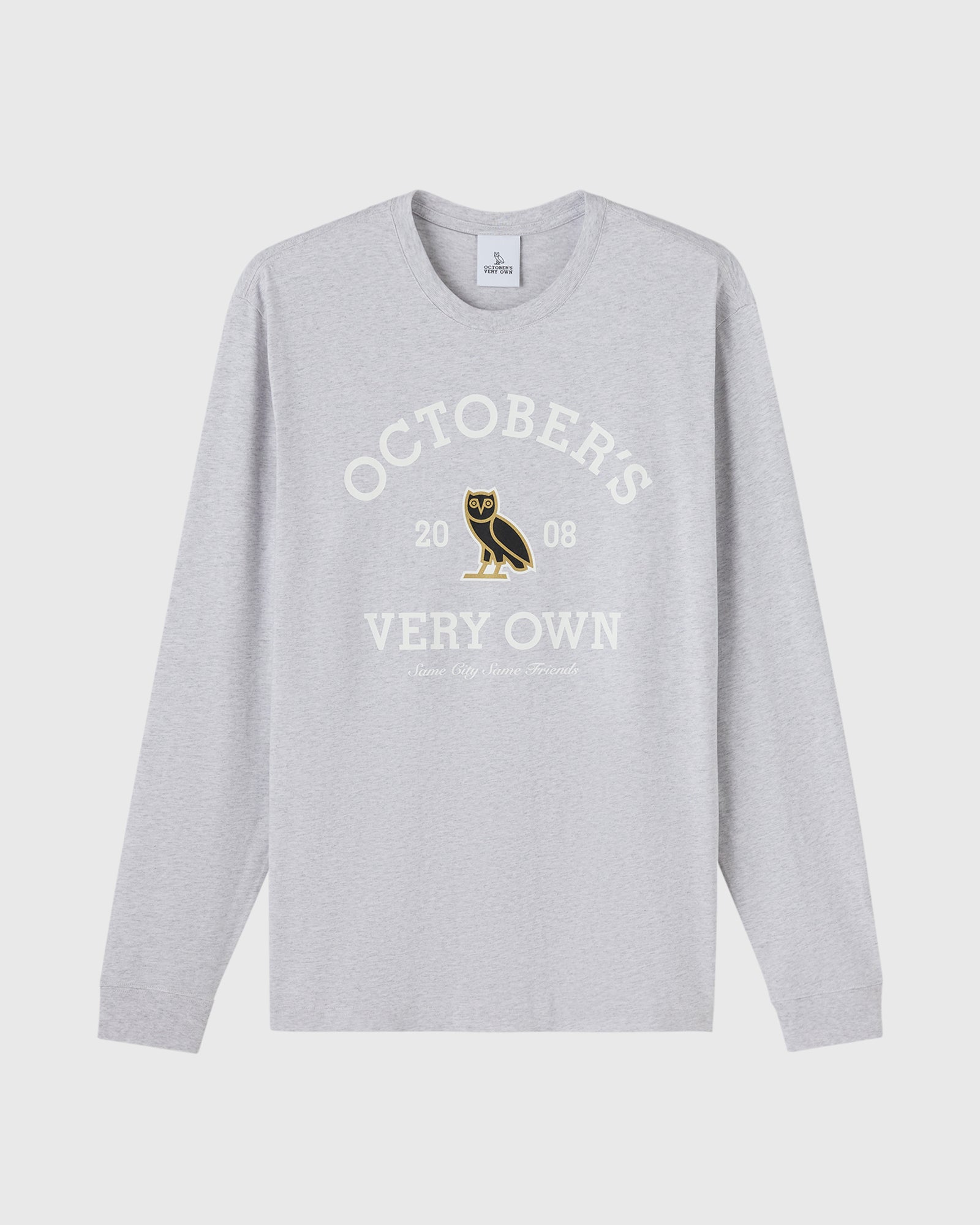 Ash heather grey long-sleeve tee with "Octobers Very Own" text and owl graphic on chest.