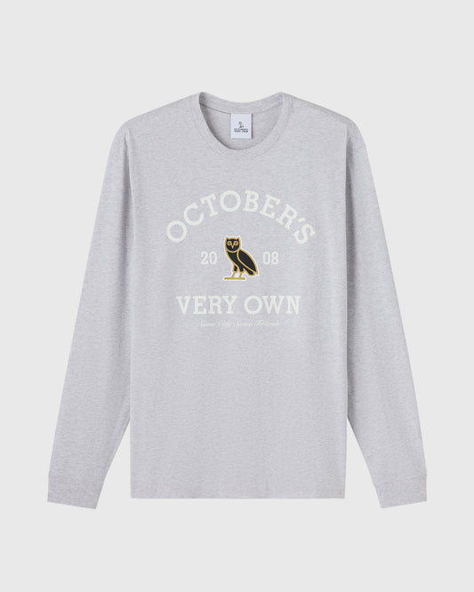 Ash heather grey long-sleeve tee with "Octobers Very Own" text and owl graphic on chest.