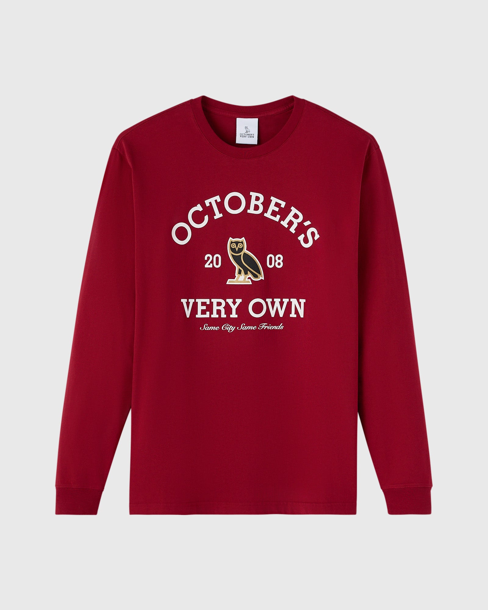 Deep red long-sleeve tee with white "October's Very Own" text, owl graphic, and "20 08" print on chest.
