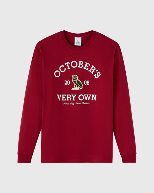 Deep red long-sleeve tee with white "October's Very Own" text, owl graphic, and "20 08" print on chest.
