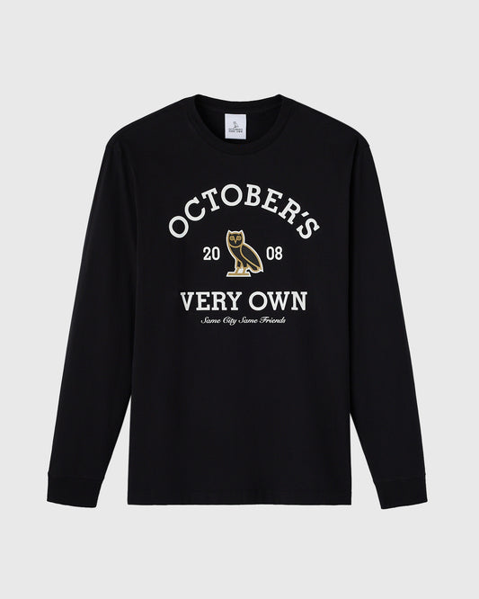 Black long-sleeve tee with white collegiate-style graphic featuring "Octobers Very Own" text and owl emblem.