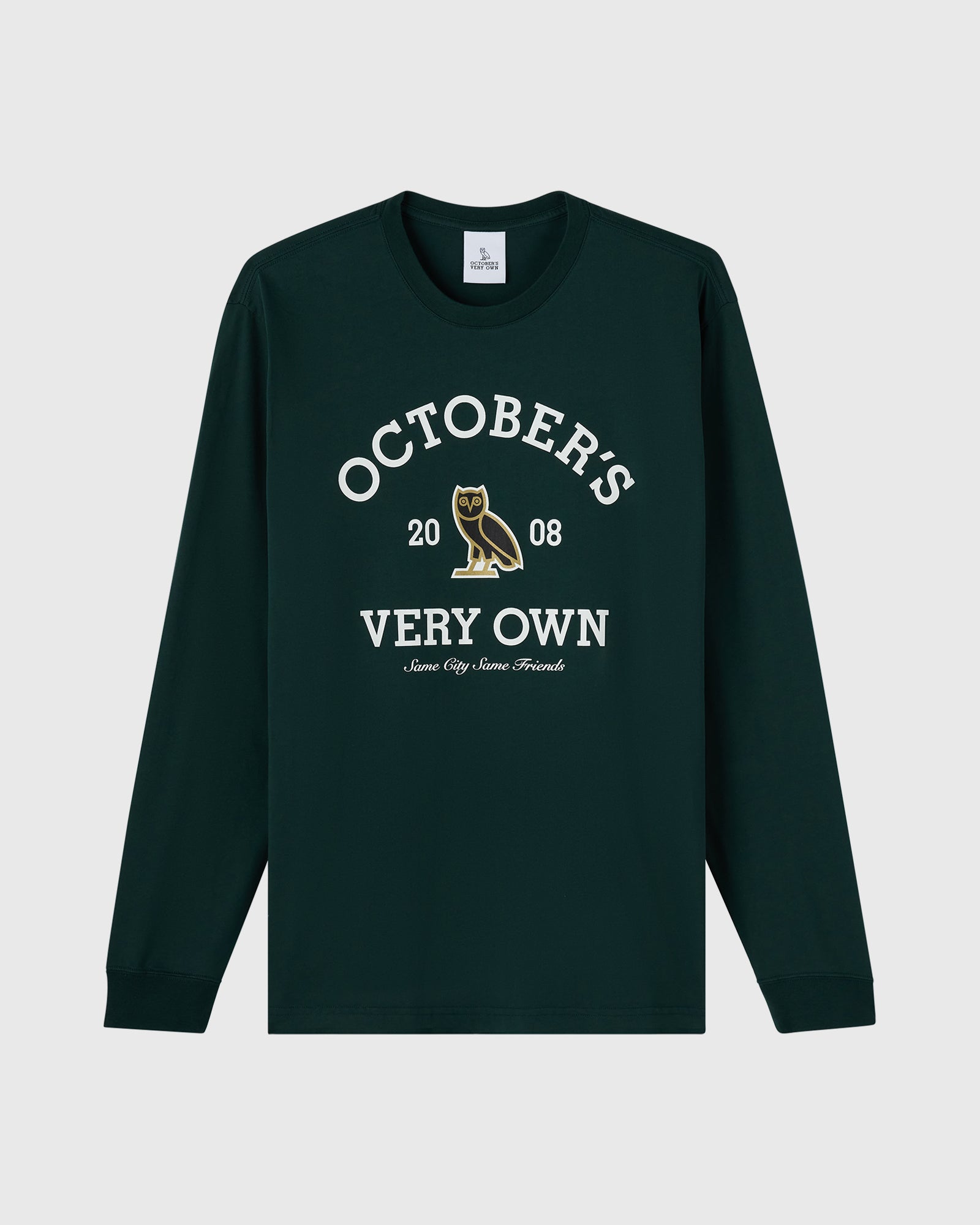 Midnight green long-sleeve tee with "October's Very Own" text and owl graphic on chest.