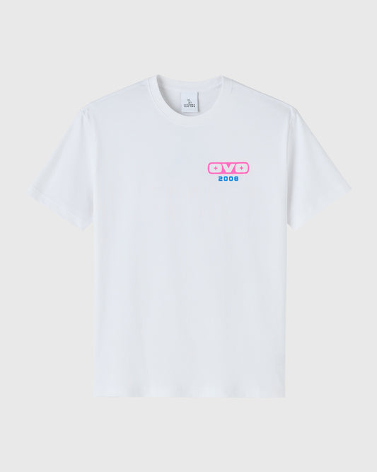 White crew-neck t-shirt with pink and blue graphic print on chest.
