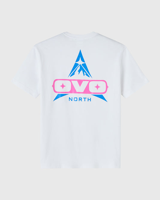White t-shirt with blue star graphic and pink banner design labeled "North" on chest.