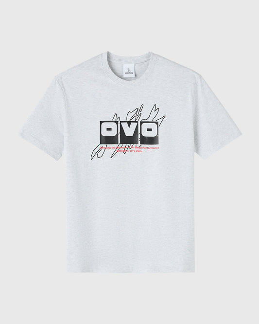 Heather grey t-shirt with black and red OVO logo graphic and text on chest.