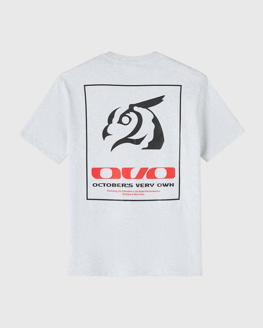 Heather grey t-shirt with black bull graphic and red OVO logo with "October's Very Own" text on back.