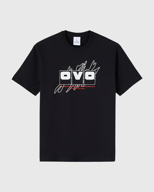 Black t-shirt with white OVO graphic logo and red text on chest.