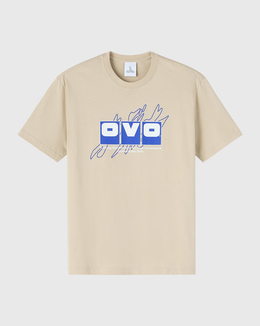 Sandstone short-sleeve t-shirt with blue OVO logo and graphic text on chest.