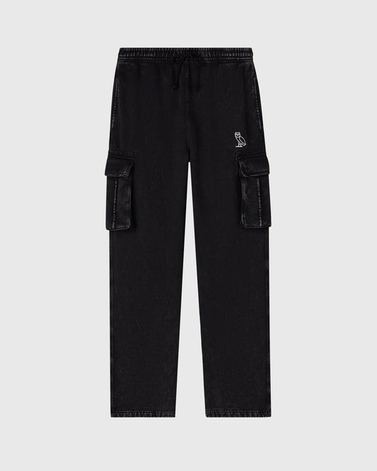 Black cargo sweatpant with drawstring waist, multiple patch pockets on thighs, and small embroidered logo on chest.