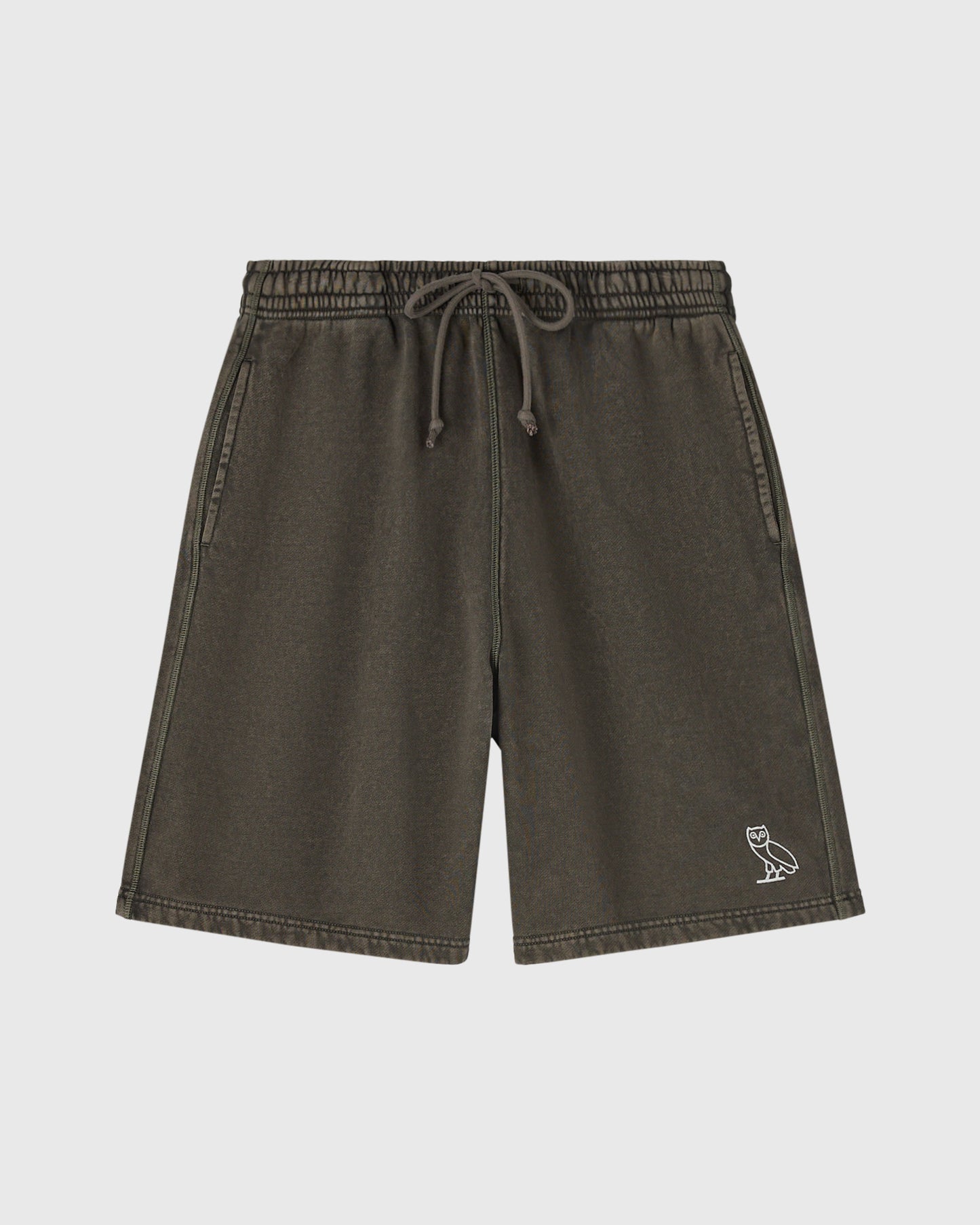 Deep olive sweatshorts with drawstring waist, side seam details, and small embroidered logo on leg.