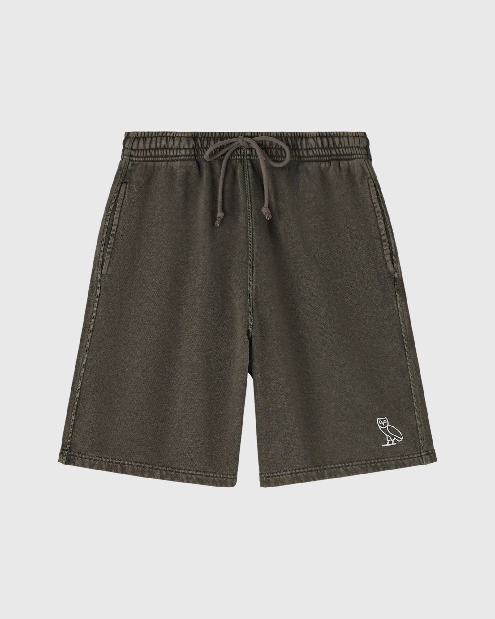 Deep olive sweatshorts with drawstring waist, side seam details, and small embroidered logo on leg.