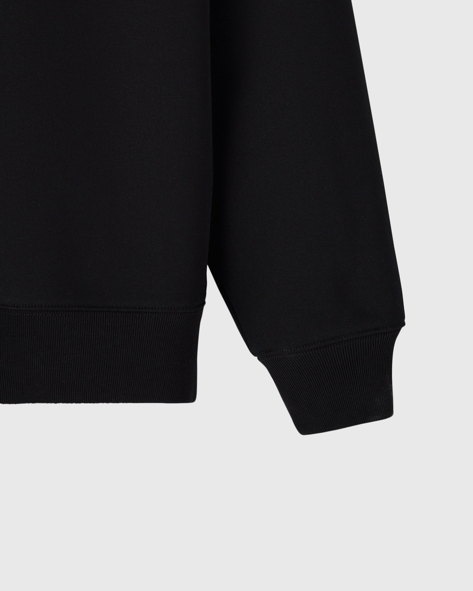 Black quarter-zip mockneck with ribbed cuffs and hem detail.