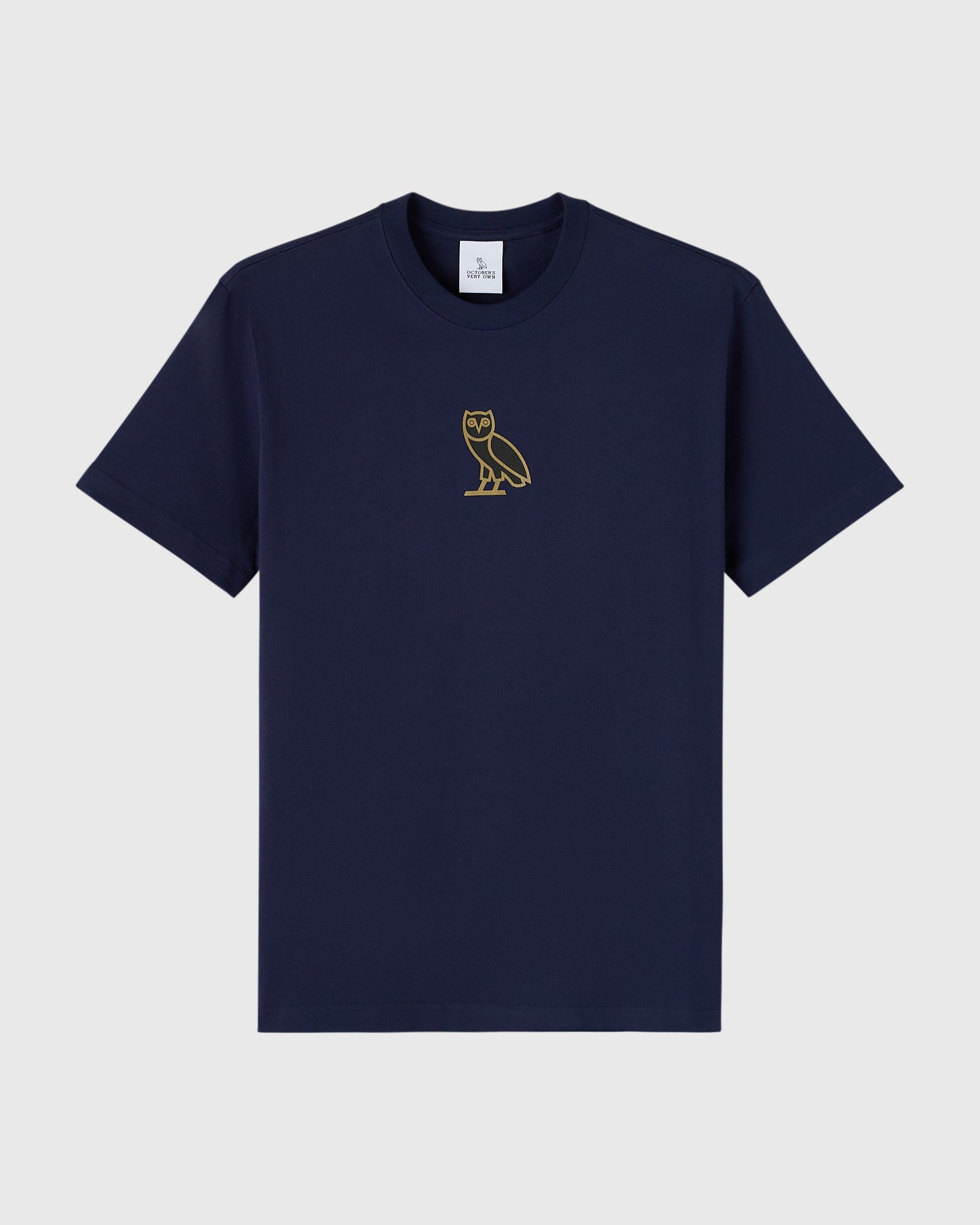 Navy short-sleeve crewneck tee with small gold owl embroidery on chest.