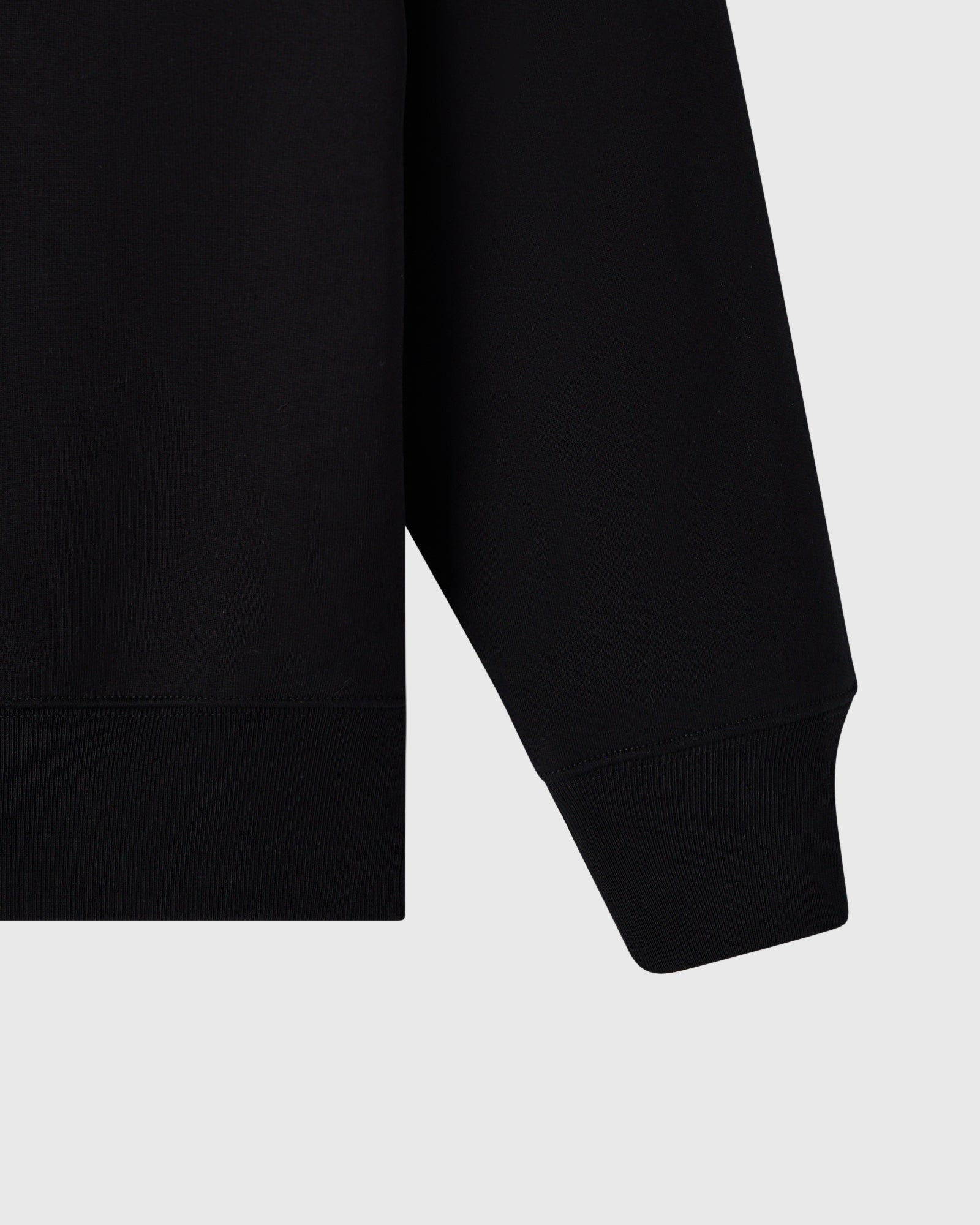 Black crewneck sweatshirt with ribbed cuffs and hem shown from the side.