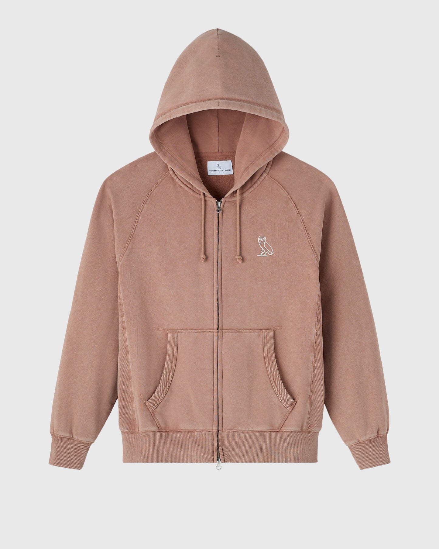 Taupe raglan hoodie with full-length zipper, drawstring hood, kangaroo pocket, and small owl logo on chest.