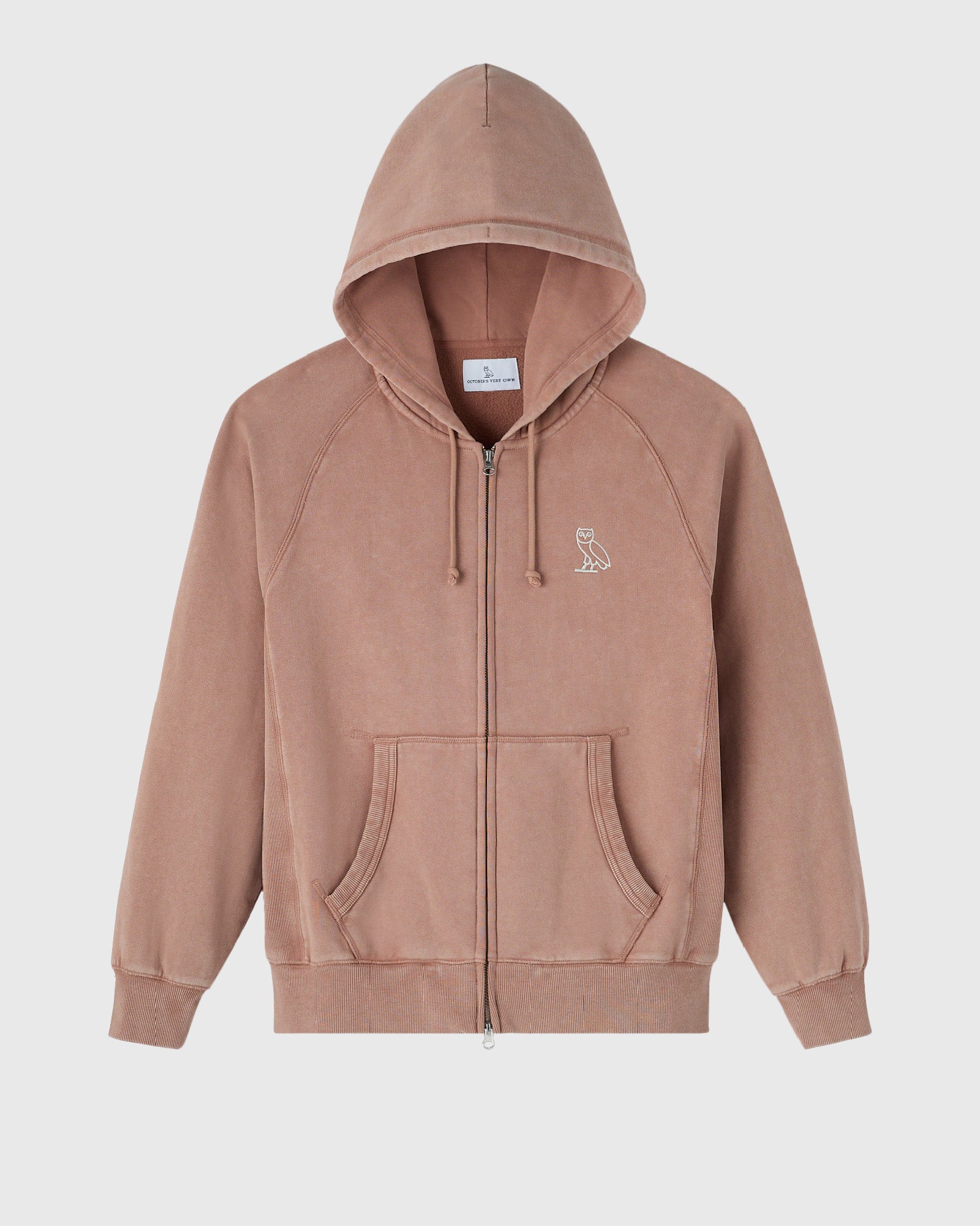 Taupe raglan hoodie with full-length zipper, drawstring hood, kangaroo pocket, and small owl logo on chest.