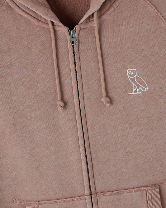 Clay pink raglan hoodie with full-length zipper, drawstring hood, and white owl emblem on chest.