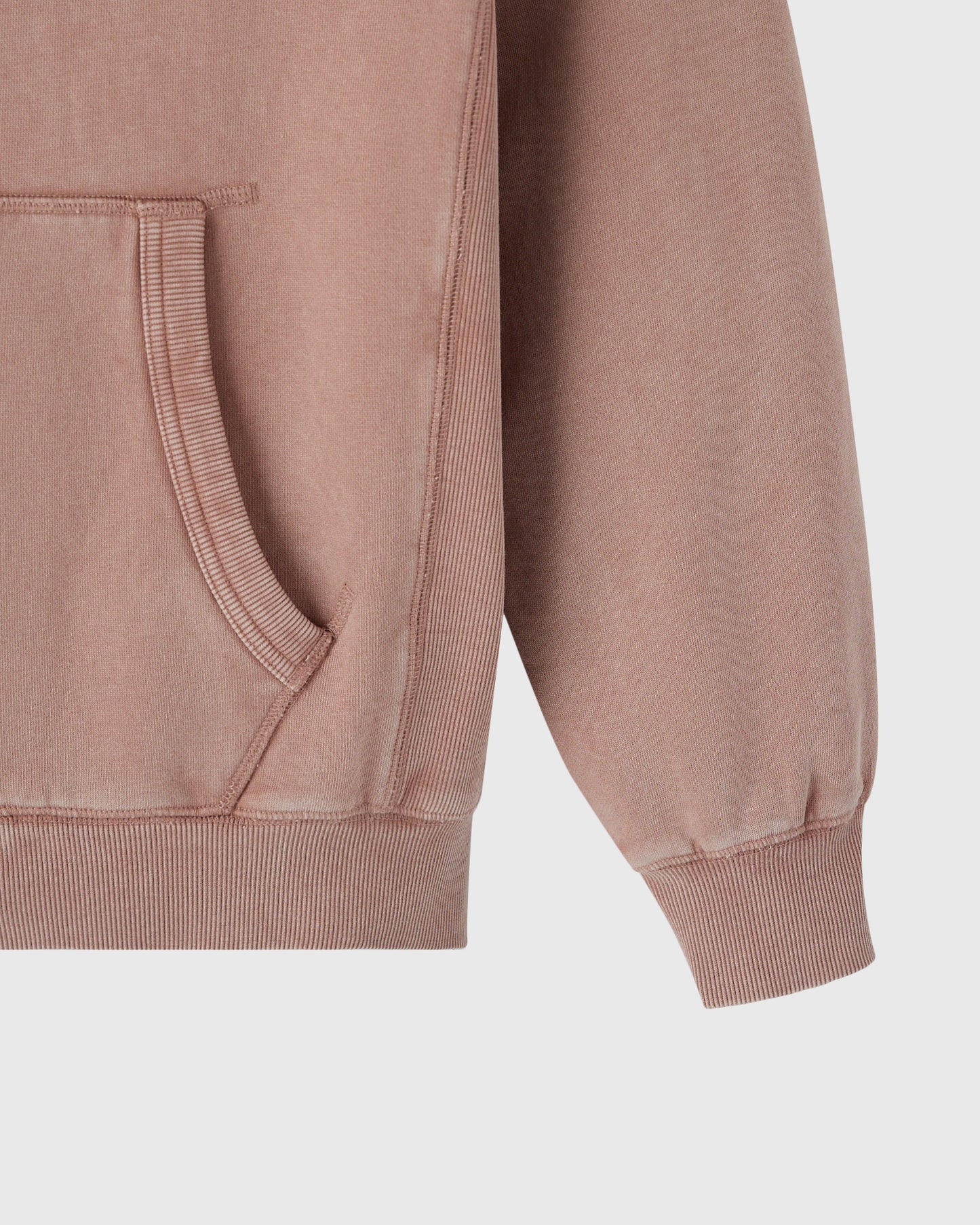 Clay pink raglan full-zip hoodie with ribbed cuffs and front kangaroo pocket.