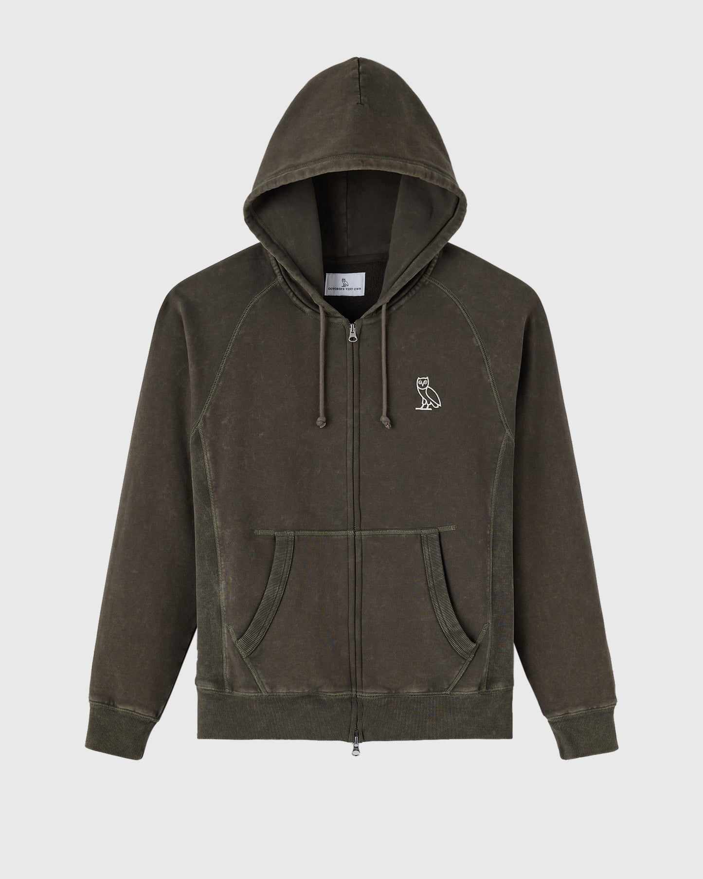 Deep olive raglan hoodie with full-zip front, drawstring hood, and small white owl emblem on chest.