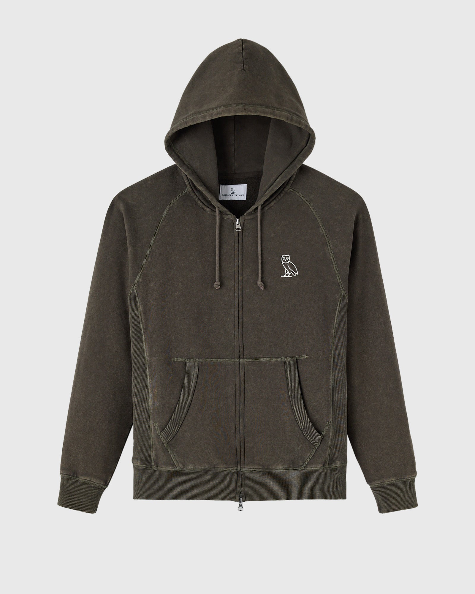 Deep olive raglan hoodie with full-zip front, drawstring hood, and small white owl emblem on chest.
