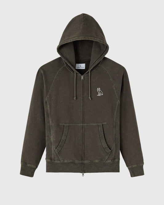 Deep olive raglan hoodie with full-zip front, drawstring hood, and small white owl emblem on chest.