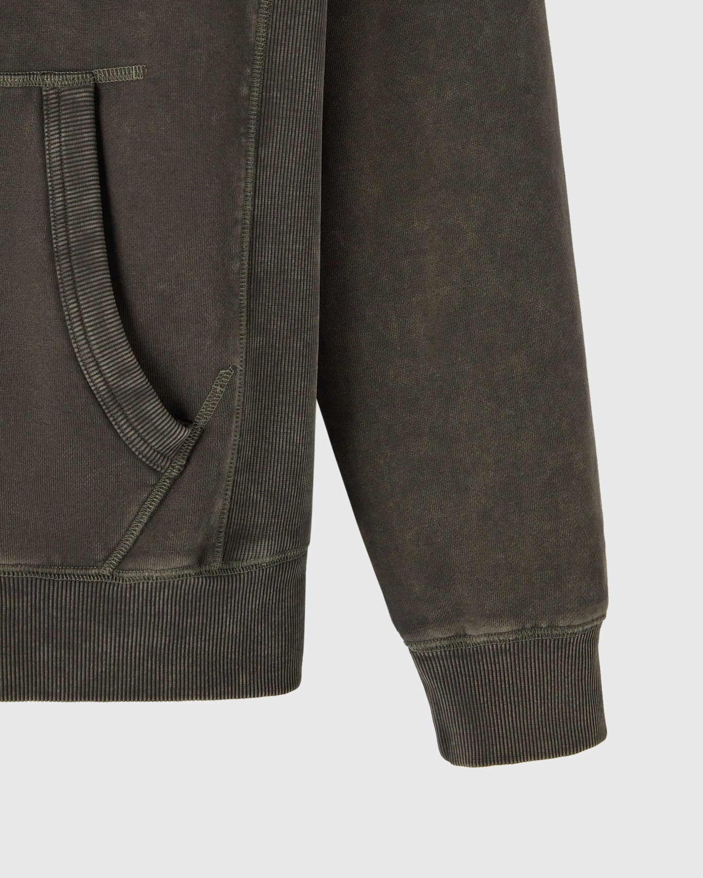 Deep olive raglan hoodie with full-length zip, ribbed cuffs and hem, kangaroo pocket visible.