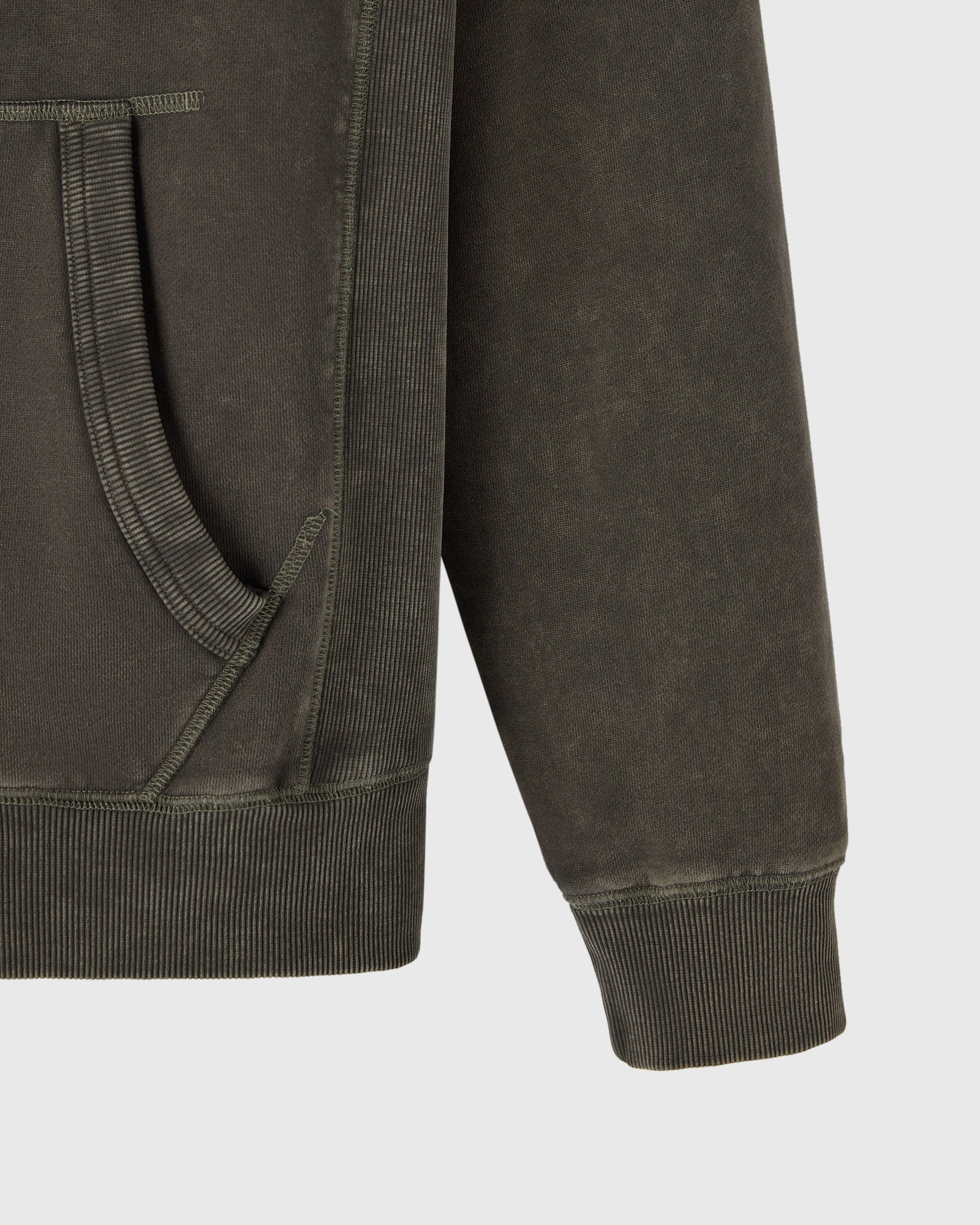 Deep olive raglan hoodie with full-length zip, ribbed cuffs and hem, kangaroo pocket visible.