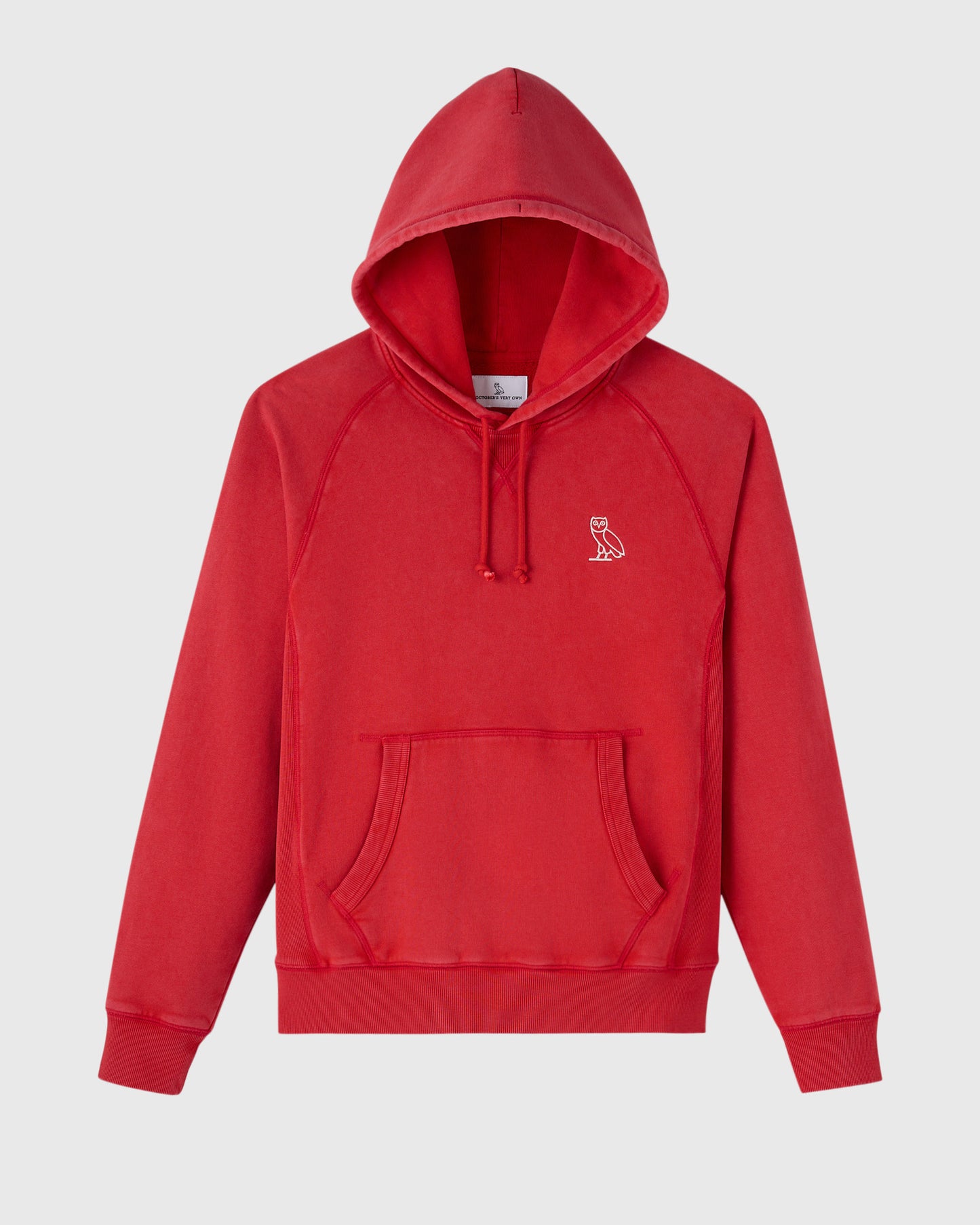 Berry red raglan hoodie with front pouch pocket and small owl embroidery on chest.