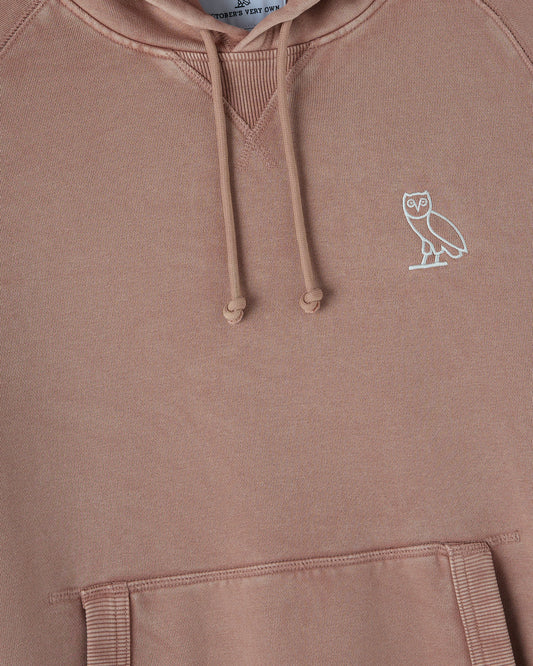 Clay pink raglan hoodie with white owl embroidery on chest and ribbed cuffs and hem.