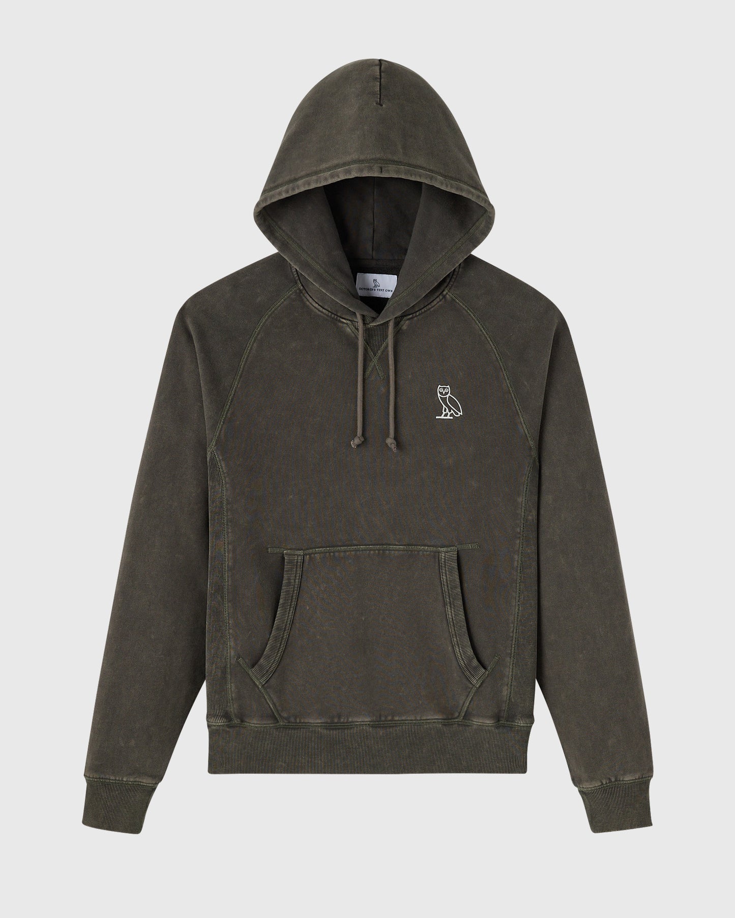 Deep olive raglan hoodie with drawstring hood, kangaroo pocket, and small owl embroidered logo on chest.