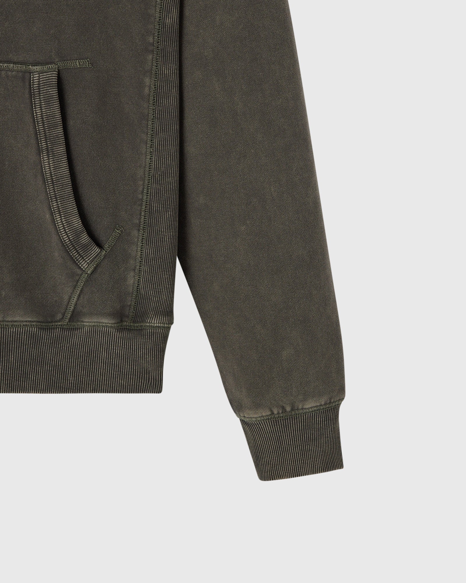 Deep olive raglan hoodie with full-length zipper, kangaroo pocket, and ribbed cuffs and hem.