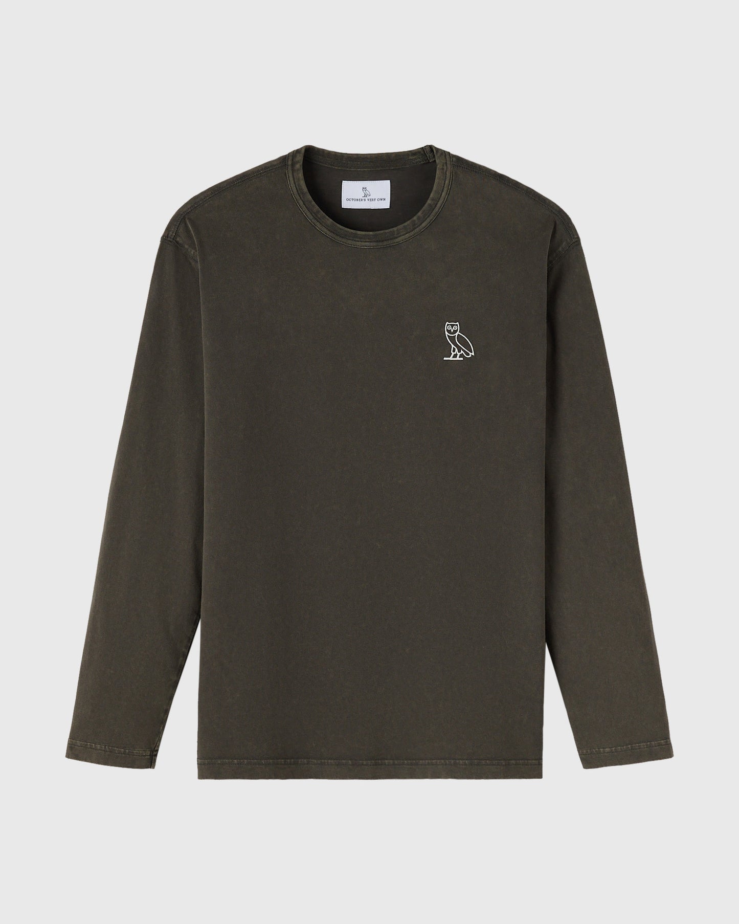Deep olive long-sleeve tee with crew neckline and small owl embroidery on chest.