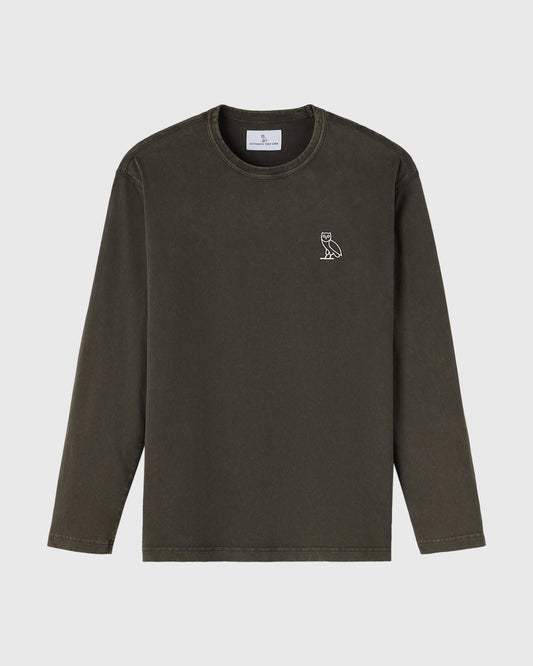 Deep olive long-sleeve tee with crew neckline and small owl embroidery on chest.